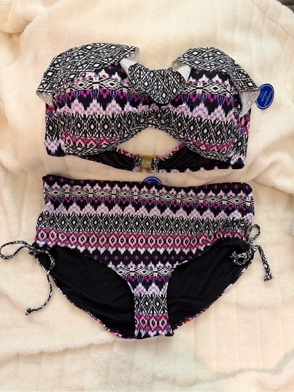 Swimsuits For All Black White Pink Patterned Bandeau Bikini